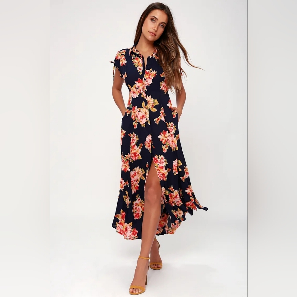 Lulus - "I'm Worth It" Navy Blue Floral Print Midi Dress